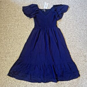 NWT Merokeety Womens Midi Dress Size S Navy Blue V-Neck Smocked Short Sleeve